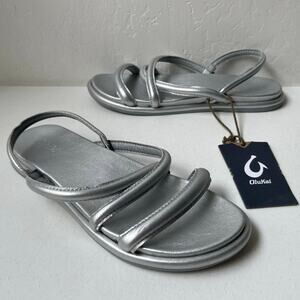 Olukai Tiare Leather Strappy Sandals Women's Size 9 Silver Comfy Minimalist NWT